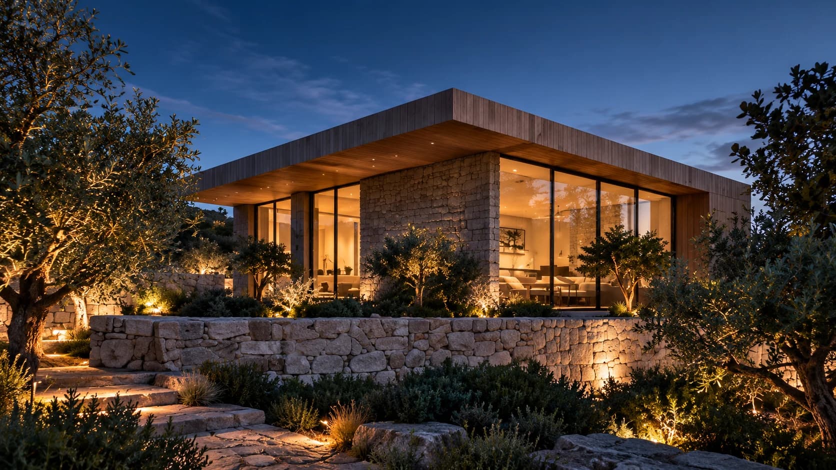 An architectural concept of a modern stone and timber home with warm interiors at dusk