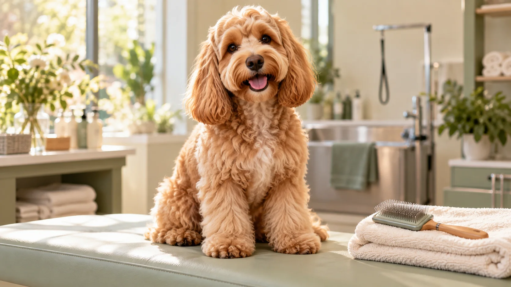 An illustrative portrait of a freshly groomed dog in a calm salon