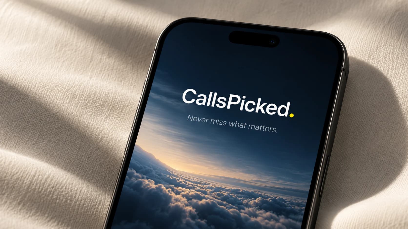 A black phone with the CallsPicked wordmark against a midnight sky