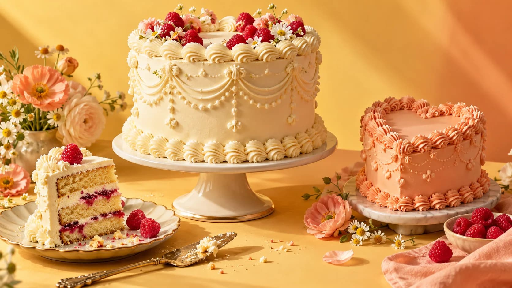 An original celebration cake still life with hand-piped buttercream and raspberries