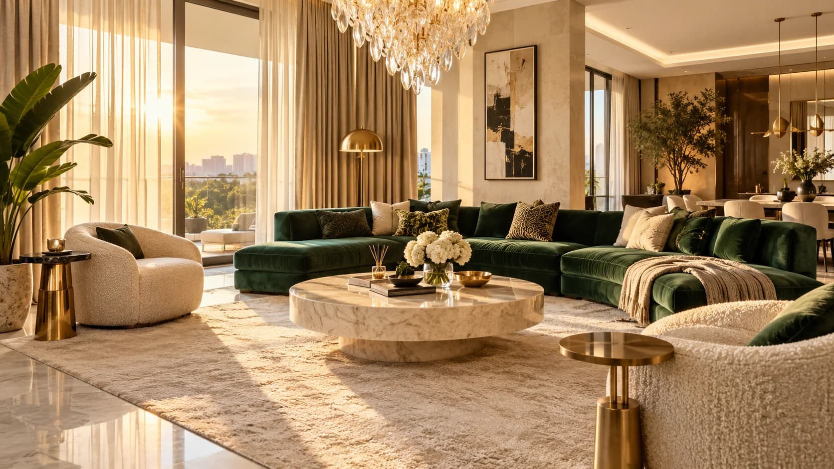 An illustrative luxury apartment interior with emerald seating and warm evening light